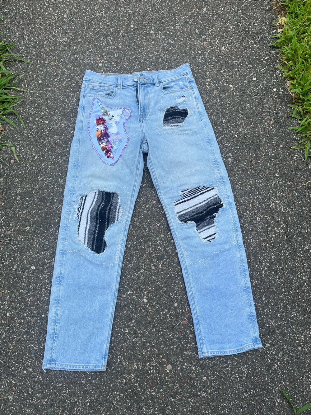 OOAK reworked Light Wash Distressed Women’s Jeans with Patchwork